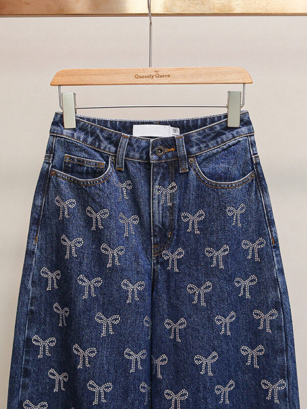 Retro French design bow rhinestone casual wide-leg jeans - Image 2