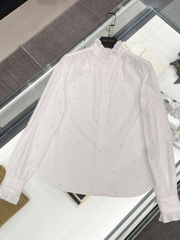 New French style versatile commuting high-end diamond-studded long-sleeved stand-up collar shirt