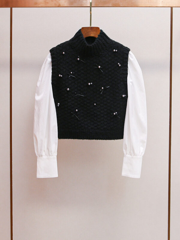 New French style splicing fake two-piece beaded half-high collar knitted top for women