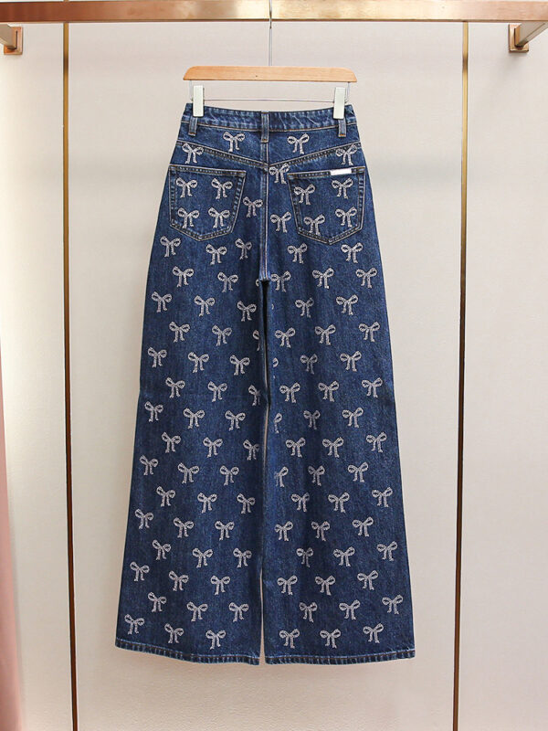 Retro French design bow rhinestone casual wide-leg jeans