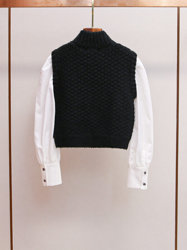 New French style splicing fake two-piece beaded half-high collar knitted top for women - Image 2
