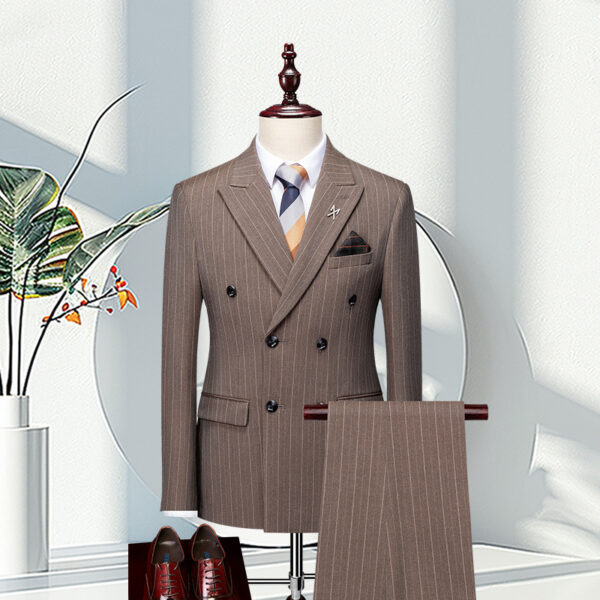 C40815   High-end suit double-slit double-breasted business black coffee striped suit - Image 2